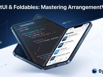 iPhone Duo foldable showing Swift code for iOS 27.1 ArrangementView API