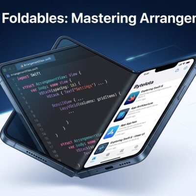 iPhone Duo foldable showing Swift code for iOS 27.1 ArrangementView API