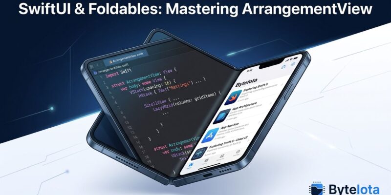 iPhone Duo foldable showing Swift code for iOS 27.1 ArrangementView API