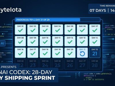 OpenAI Codex 28-day daily shipping sprint calendar with checkmarks and reset icons in blue and white