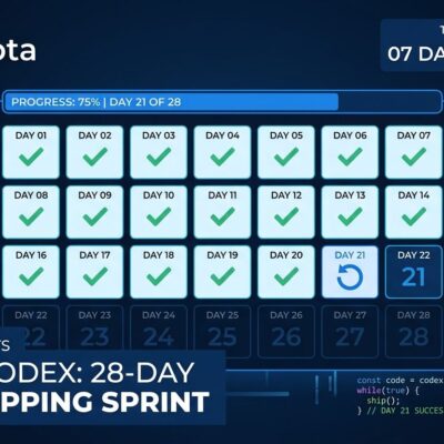 OpenAI Codex 28-day daily shipping sprint calendar with checkmarks and reset icons in blue and white