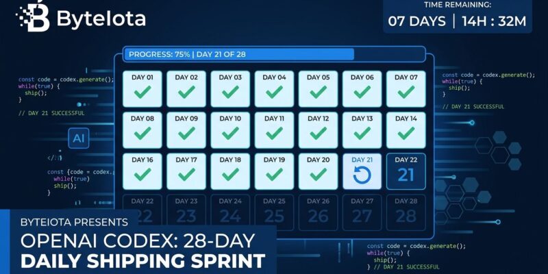 OpenAI Codex 28-day daily shipping sprint calendar with checkmarks and reset icons in blue and white