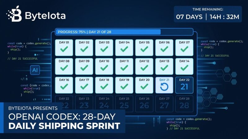 OpenAI Codex 28-day daily shipping sprint calendar with checkmarks and reset icons in blue and white