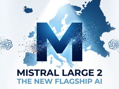 Mistral Large 4 AI model visualization with European map and gradient blue M logo representing EU-sovereign open-weight AI