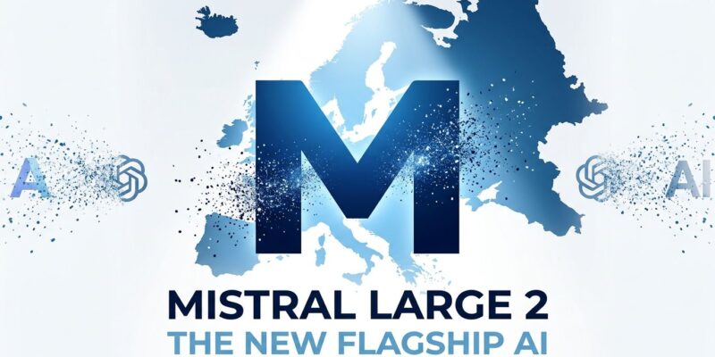 Mistral Large 4 AI model visualization with European map and gradient blue M logo representing EU-sovereign open-weight AI