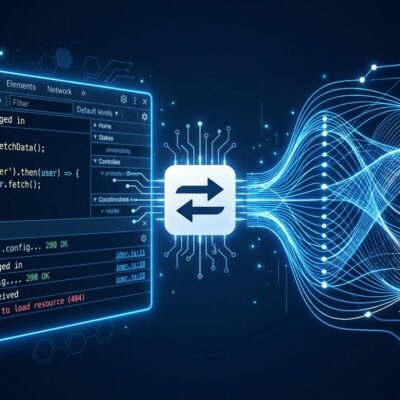 Chrome DevTools panel open alongside an AI agent neural network visualization connected by MCP protocol arrows