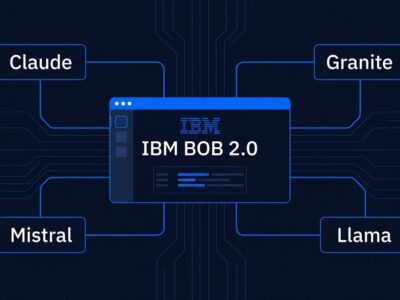 IBM Bob 2.0 multi-model IDE routing diagram showing Claude, Granite, Mistral and Llama model nodes