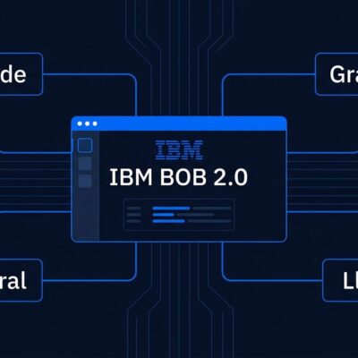 IBM Bob 2.0 multi-model IDE routing diagram showing Claude, Granite, Mistral and Llama model nodes