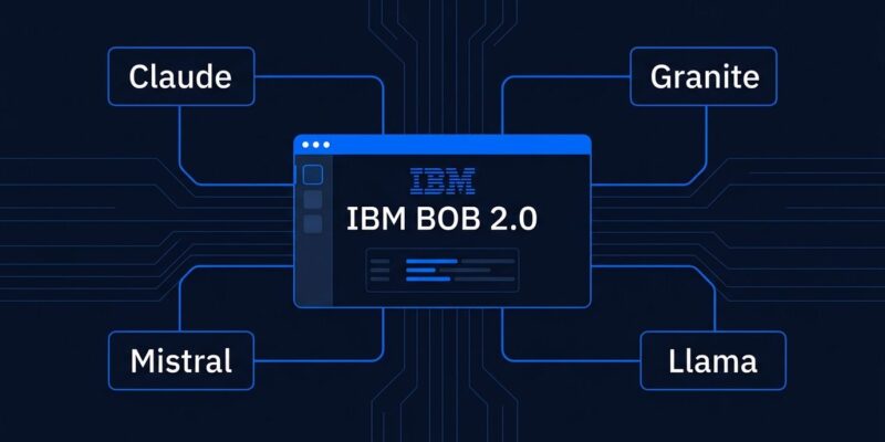 IBM Bob 2.0 multi-model IDE routing diagram showing Claude, Granite, Mistral and Llama model nodes