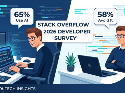 Developer split-screen showing AI coding tool adoption paradox - Stack Overflow 2026 survey showing 65% use AI agents but 58% actively avoid them