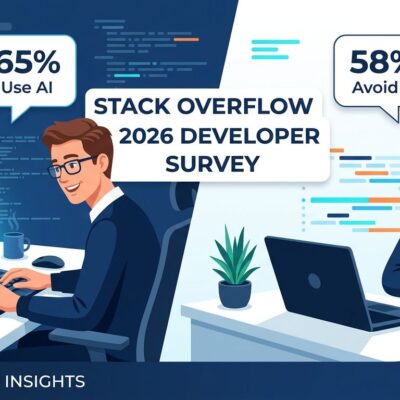 Developer split-screen showing AI coding tool adoption paradox - Stack Overflow 2026 survey showing 65% use AI agents but 58% actively avoid them
