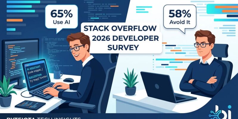 Developer split-screen showing AI coding tool adoption paradox - Stack Overflow 2026 survey showing 65% use AI agents but 58% actively avoid them