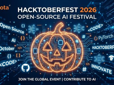 Hacktoberfest 2026 open-source AI festival illustration with circuit board pumpkin and code symbols
