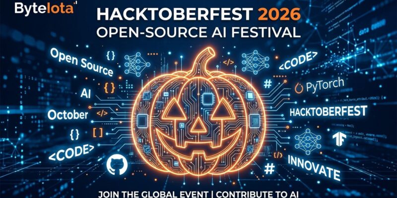 Hacktoberfest 2026 open-source AI festival illustration with circuit board pumpkin and code symbols