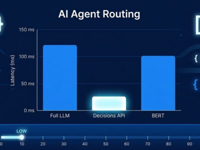 Data visualization chart comparing AI agent routing latency methods: full LLM prompt, OpenAI Decisions API, and BERT classifier