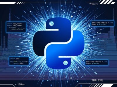Python 3.15 featured image showing Python logo with performance profiling flamegraph and lazy import code snippets
