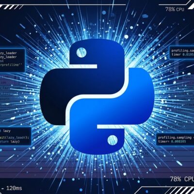 Python 3.15 featured image showing Python logo with performance profiling flamegraph and lazy import code snippets