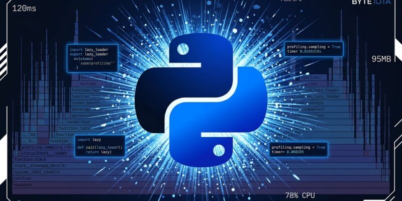 Python 3.15 featured image showing Python logo with performance profiling flamegraph and lazy import code snippets