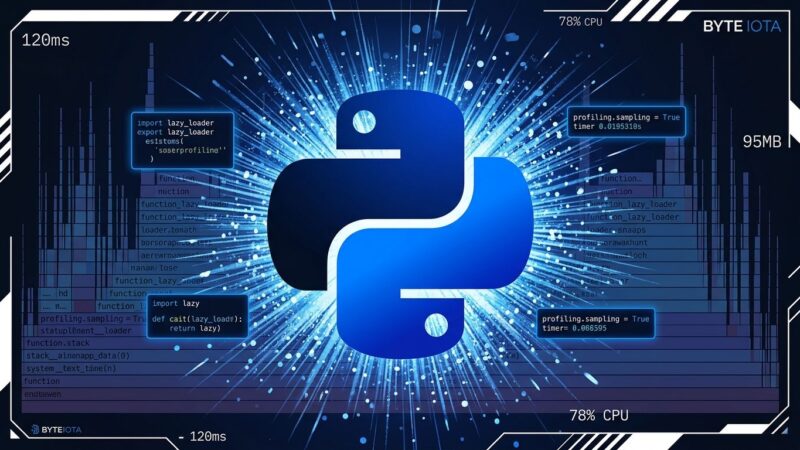 Python 3.15 featured image showing Python logo with performance profiling flamegraph and lazy import code snippets