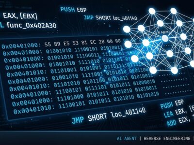 Binary code hexadecimal fragments with neural network overlay representing AI agent reverse engineering capabilities