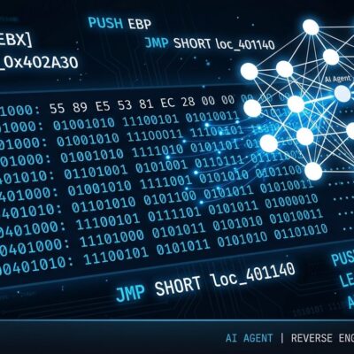 Binary code hexadecimal fragments with neural network overlay representing AI agent reverse engineering capabilities