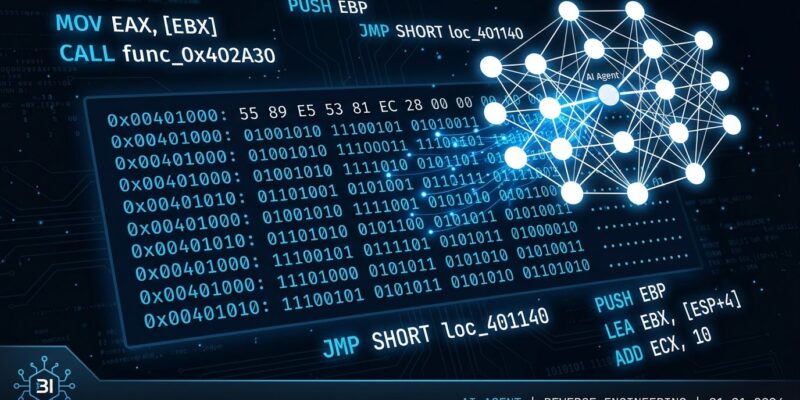 Binary code hexadecimal fragments with neural network overlay representing AI agent reverse engineering capabilities