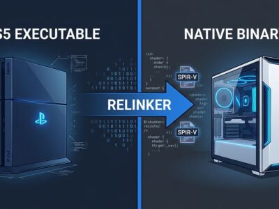 Split-screen showing PS5 console on left and PC on right connected by AnyPS5 binary relinker tool