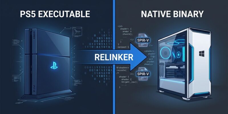 Split-screen showing PS5 console on left and PC on right connected by AnyPS5 binary relinker tool
