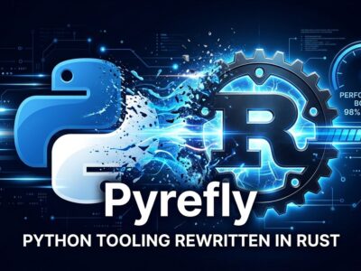 Python snake transforming into Rust gear symbol representing Pyrefly type checker speed improvement
