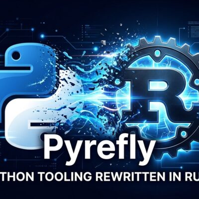 Python snake transforming into Rust gear symbol representing Pyrefly type checker speed improvement