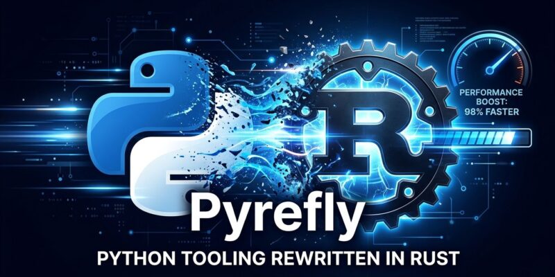 Python snake transforming into Rust gear symbol representing Pyrefly type checker speed improvement