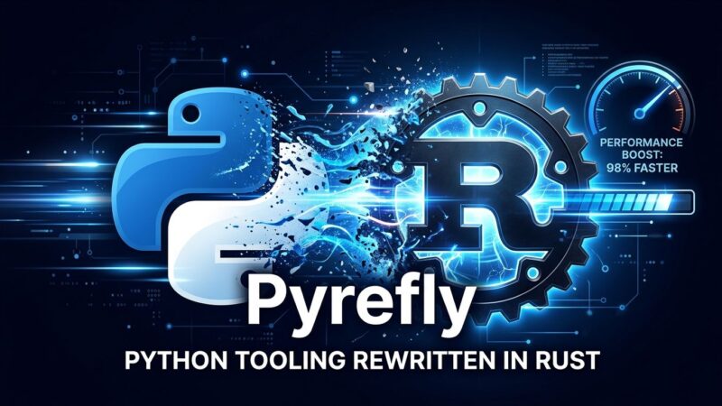 Python snake transforming into Rust gear symbol representing Pyrefly type checker speed improvement