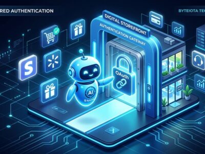 AI agent at authentication gateway with OAuth lock and commerce icons