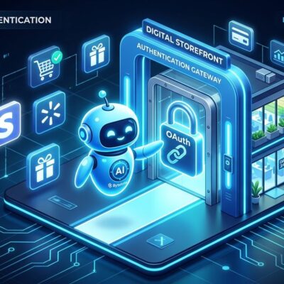 AI agent at authentication gateway with OAuth lock and commerce icons