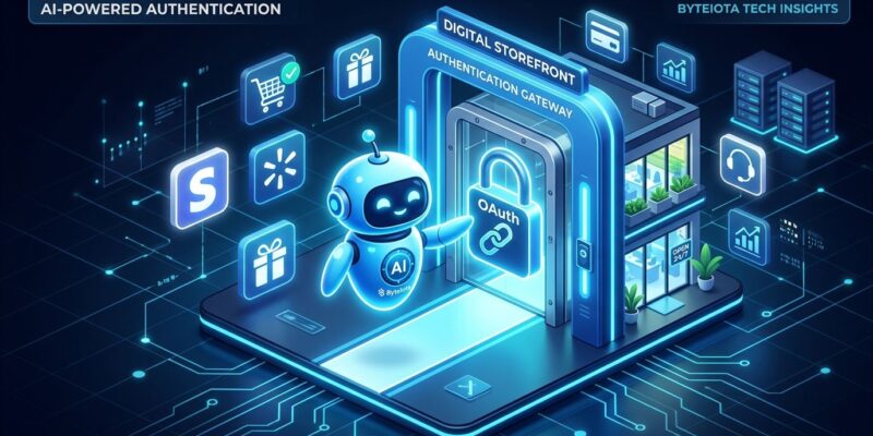 AI agent at authentication gateway with OAuth lock and commerce icons
