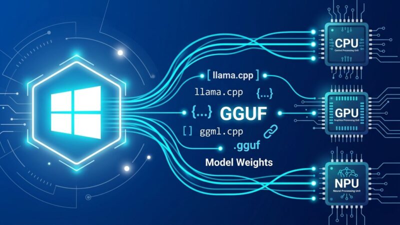 Windows ML llama.cpp integration showing GPU NPU CPU routing for local AI inference
