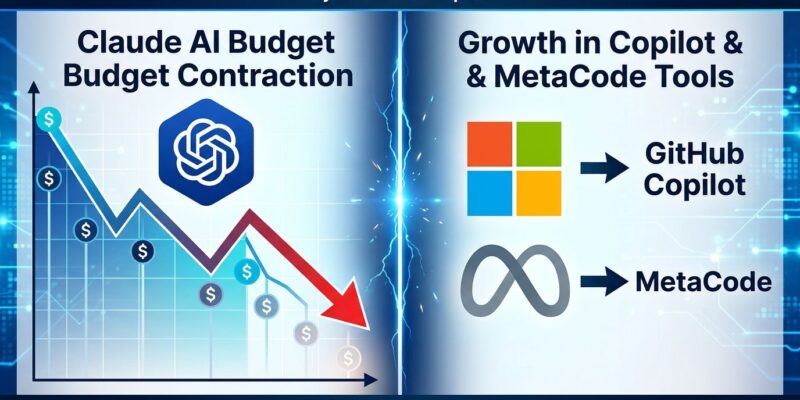 Split-screen showing Microsoft and Meta logos on one side and Claude AI icon on the other, representing the enterprise decision to cut internal Claude Code usage