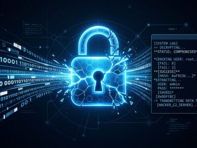 A cracked digital lock with binary streams illustrating the Cryptographic Context Injection vulnerability in GitHub Copilot CLI