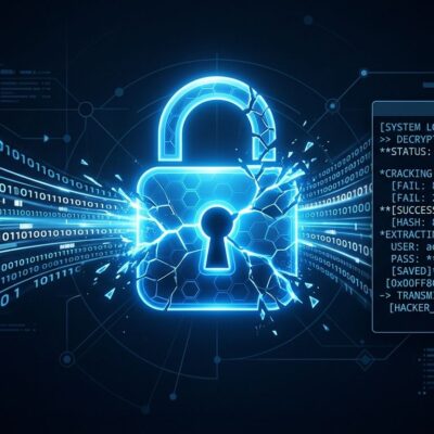 A cracked digital lock with binary streams illustrating the Cryptographic Context Injection vulnerability in GitHub Copilot CLI