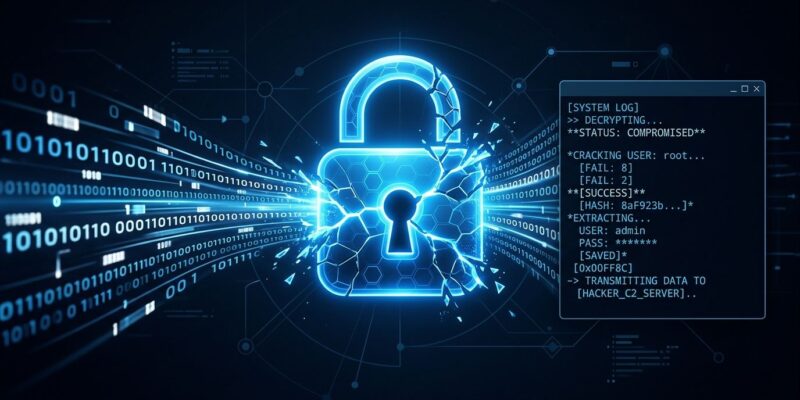 A cracked digital lock with binary streams illustrating the Cryptographic Context Injection vulnerability in GitHub Copilot CLI