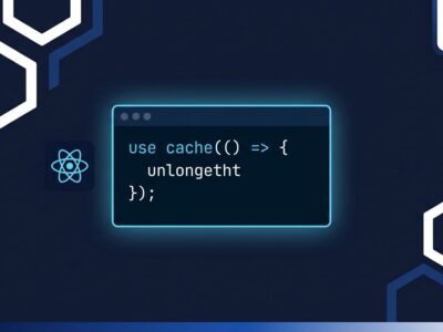 Next.js 16.4 architecture diagram showing use cache directive and React 19.3 logo on dark blue background