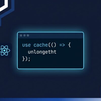 Next.js 16.4 architecture diagram showing use cache directive and React 19.3 logo on dark blue background