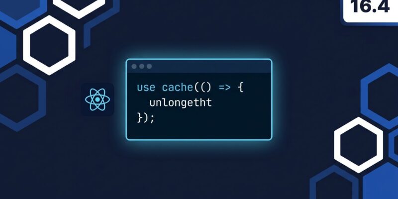 Next.js 16.4 architecture diagram showing use cache directive and React 19.3 logo on dark blue background