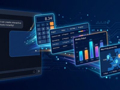 ChatGPT interface showing GPT-6 Intelligent UI with interactive widgets including calculator, sortable table, and chart streaming from a chat bubble on dark blue background