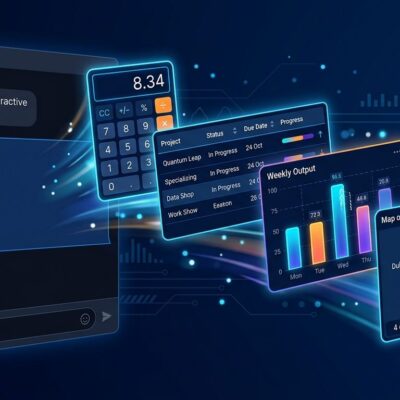 ChatGPT interface showing GPT-6 Intelligent UI with interactive widgets including calculator, sortable table, and chart streaming from a chat bubble on dark blue background