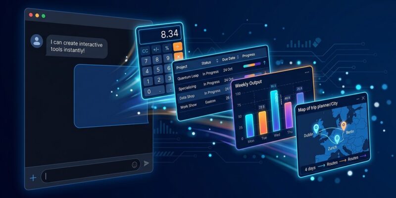 ChatGPT interface showing GPT-6 Intelligent UI with interactive widgets including calculator, sortable table, and chart streaming from a chat bubble on dark blue background