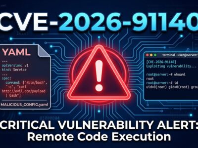 Warning triangle with circuit board background and terminal showing CVE-2026-91140 OpenAPI command injection vulnerability