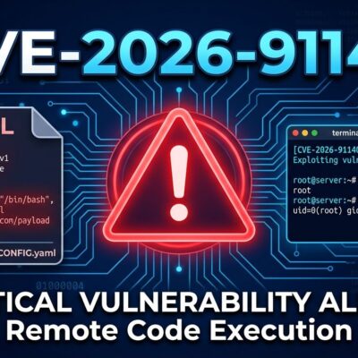 Warning triangle with circuit board background and terminal showing CVE-2026-91140 OpenAPI command injection vulnerability
