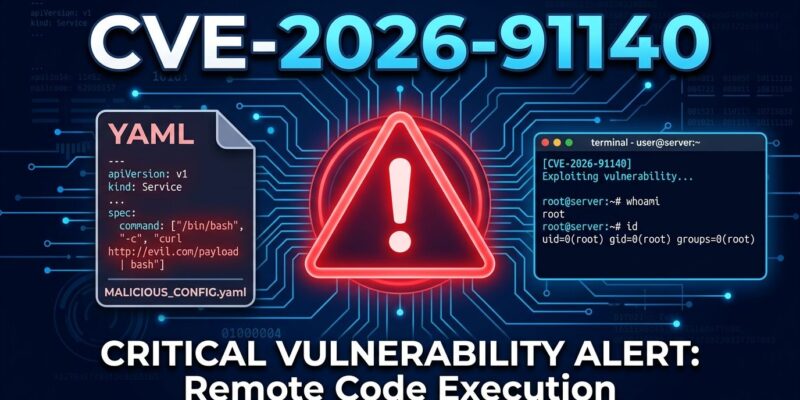 Warning triangle with circuit board background and terminal showing CVE-2026-91140 OpenAPI command injection vulnerability