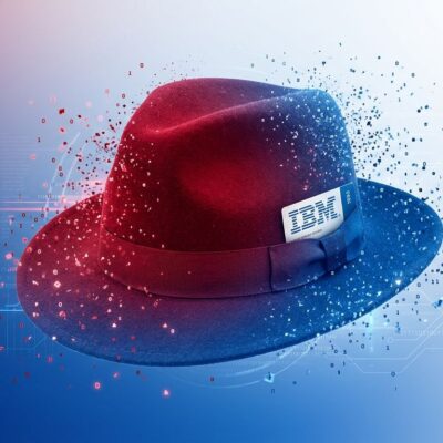 Red Hat fedora logo dissolving into IBM blue branding, symbolizing the brand dissolution on October 1 2026
